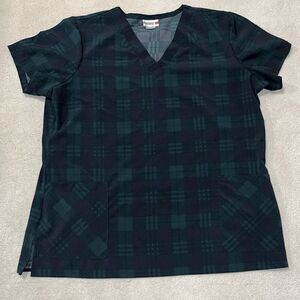 White Cross Womens Scrub Healthcare Top Size Large , Green Blue Tartan